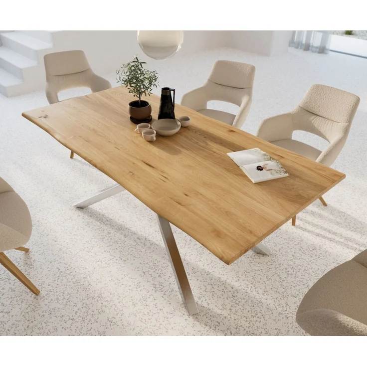 Esstisch Edge 200x100x2,5-3 Eiche Natur Kreuzgestell Rechteck Edelstahl Live-Edge – Bild 4