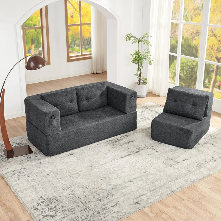 ZUBALIYA SchlafSofa mit breiten Armlehnen, modular aufgebaut, ohne aufwendige Montage, für Wohnzimmer und Apartments, Dunkelgrau – Bild 3