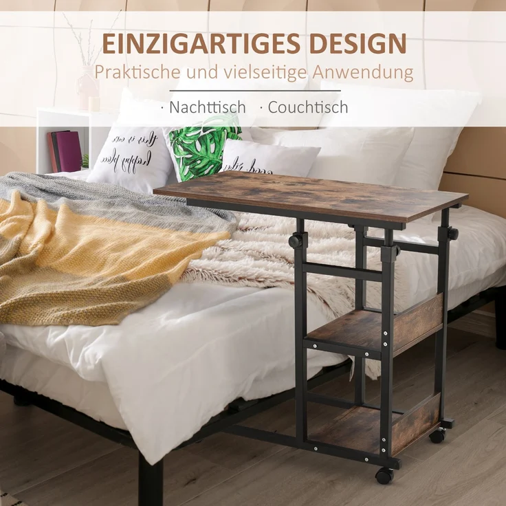 HOMCOM Beistelltisch, E1 Spanplatte, Metall, PP-Kunststoff, Rustikal-Braun, 80L x 40B x 72-82H cm – Bild 4