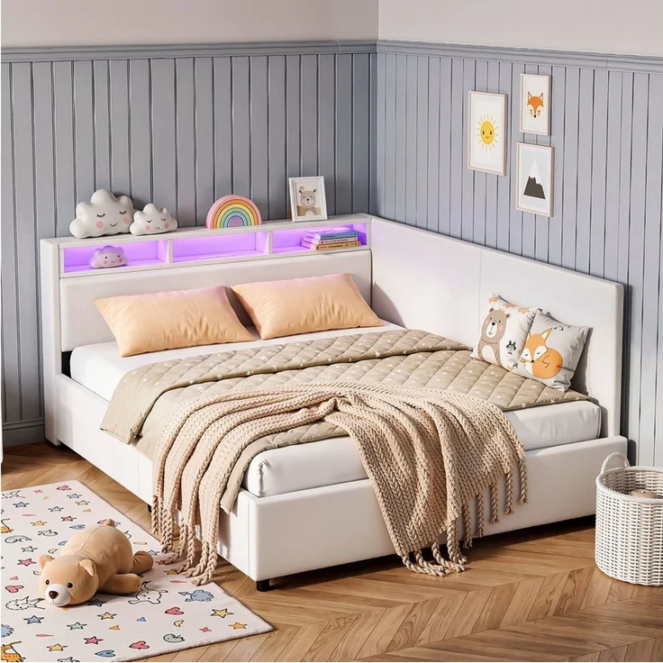 oyajia Polsterbett Daybett Tagesbett Jugendbett (Mit USB & TYPE-C, Hydraulisch hebbarer Stauraum), Schlafsofa, Mit LED-Beleuchtung, Ladefunktion, Leinen, 140x200 cm – Bild 1
