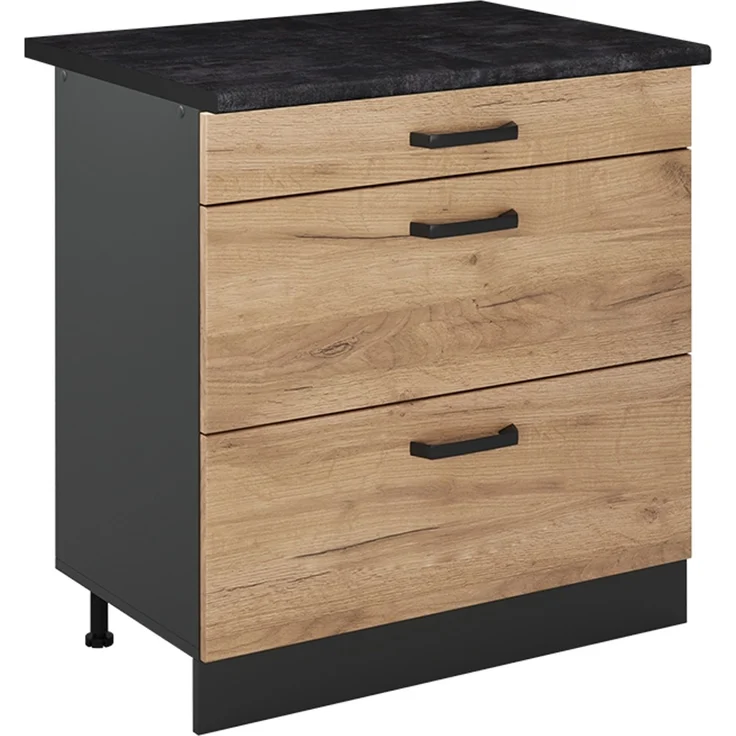 Küchenunterschrank R-Line Goldkraft Eiche/Anthrazit 80 cm mit 3 Schubladen Arbeitsplatte Anthrazit Vicco – Bild 1