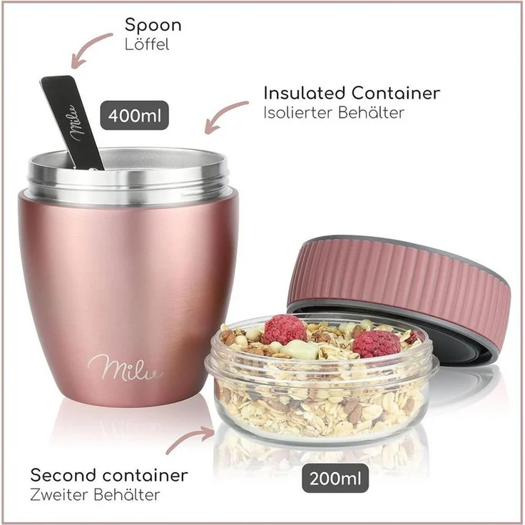 Milu Müslibox Müslibecher to go, 400ml, isolierter Edelstahl Joghurtbecher für Müsli, rosegold – Bild 3