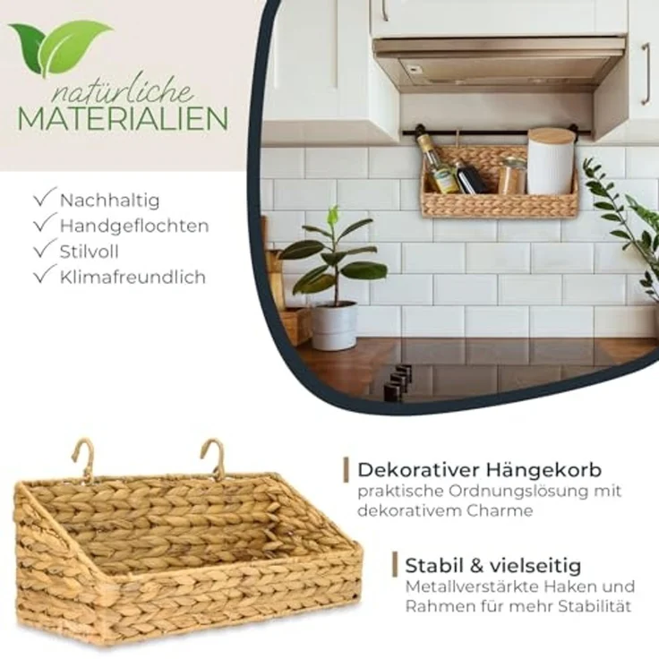 HMF Hängeaufbewahrung Hängekorb geflochten aus Wasserhyazinthe, Aufbewahrungskorb zum Aufhängen, 40 x 15 x 15 cm – Bild 2