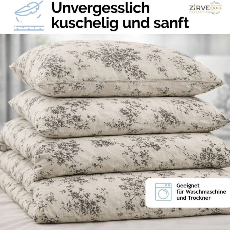 ZIRVEHOME Bettwäsche Baumwolle Bettwäsche-Set Beige Bettbezug Schwarz geblümt Evla V1, Renforce, 4 teilig, Baumwolle Bettbezug Beige mit Blumenmuster in Schwarztönen – Bild 3