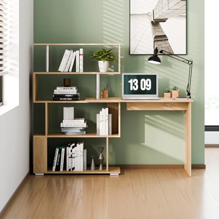 Mondeer Computertisch L-Förmig, Eckschreibtisch, mit 360 Grad Drehbarem Bücherregal für Arbeitszimmer Wohnzimmer Büro 157 x 45 x 130,5 cm, Eiche – Bild 6
