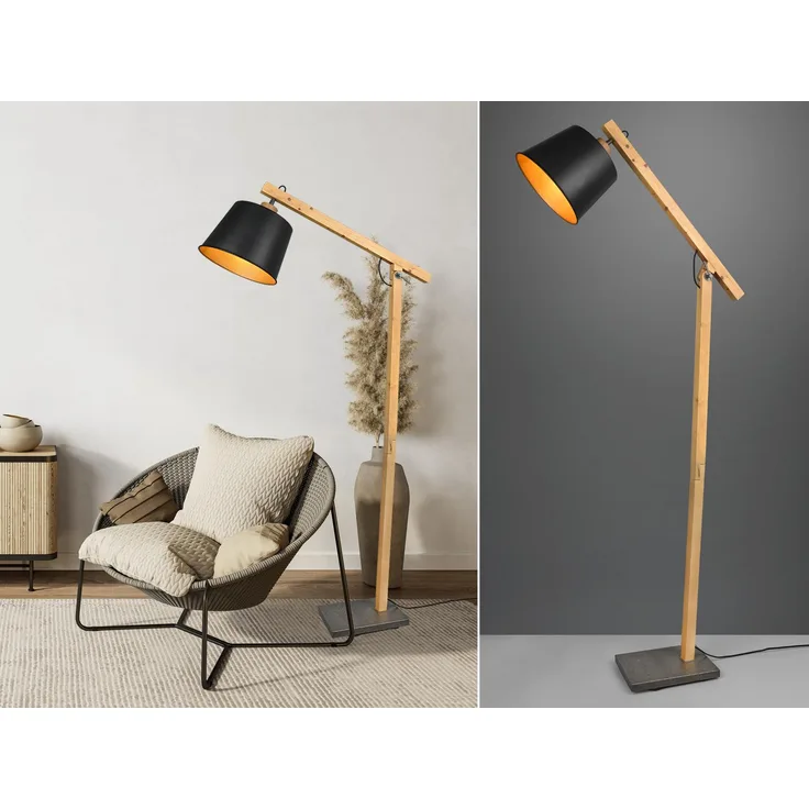 Stehleuchte HARRIS mit Holz & Metallschirm Schwarz-Gold Höhe 156cm