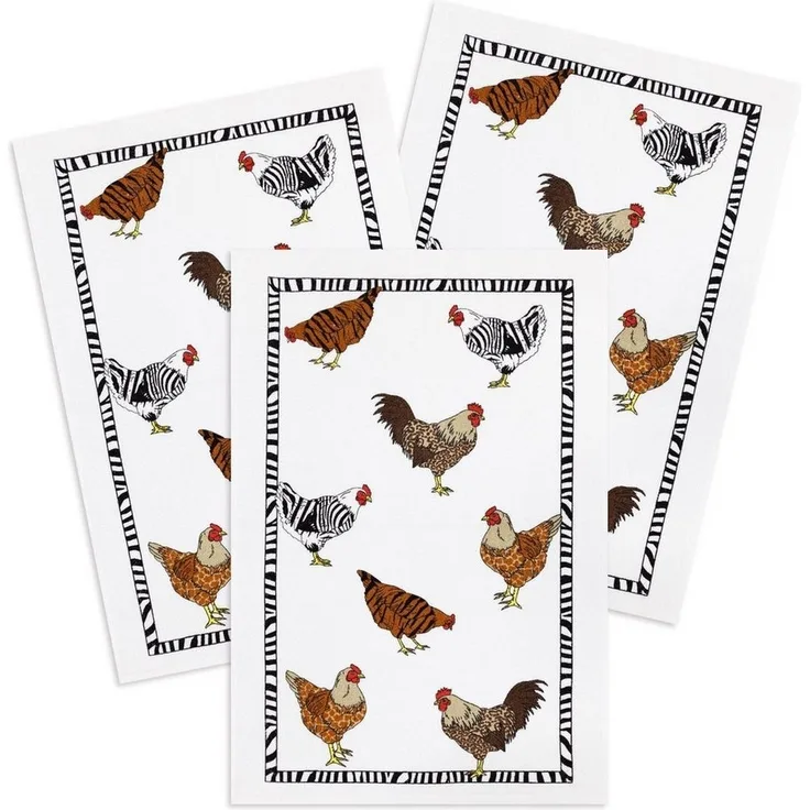 Kracht Geschirrtuch Zebrahühner, (Set, 3-tlg, Set), 3er Pack Frottee Küchenhandtücher (3 Stück), ca. 45 x 70 cm Baumwolle