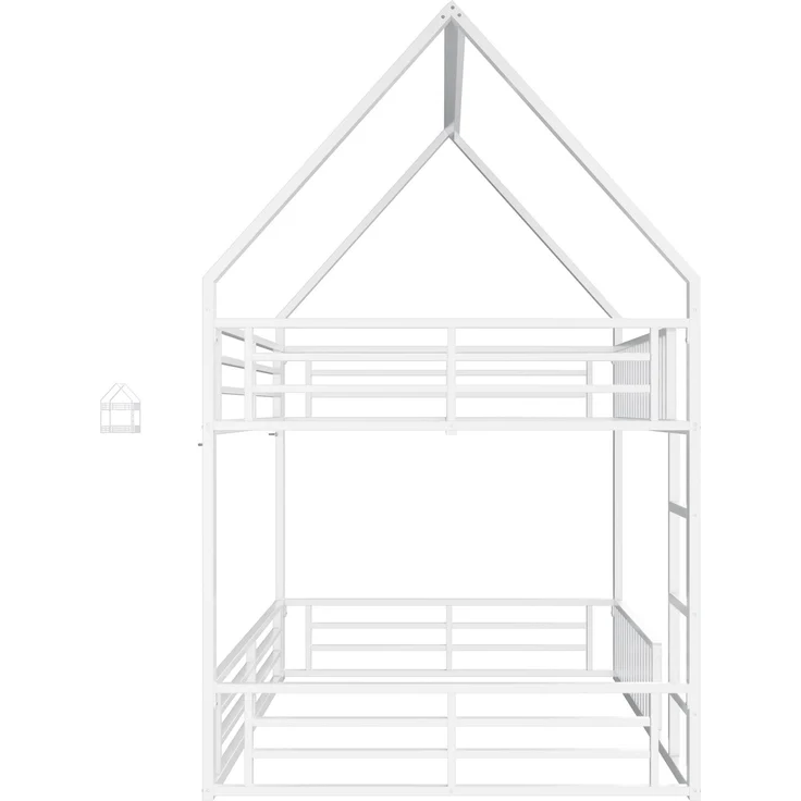 U-life Haus-Etagenbett 140x200 cm mit Sicherheitszaun, LED-Beleuchtung und 2 Lattenrosten, Weiß – Bild 6