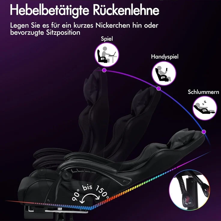 Gaming-Stuhl mit Massage und Fußstütze, 150° Neigung, höhenverstellbar – Bild 6