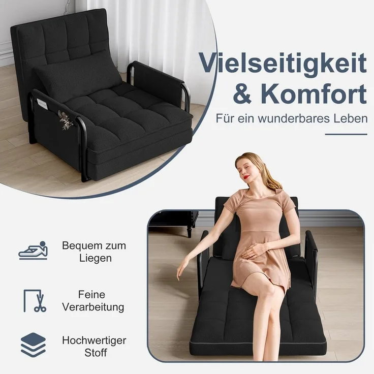 FUROKOY Relaxsessel Liegebett Klappsessel mit Bettkunktion,5 Positionen Verstellbare (Klappbett, 1-St, 3-in-1 Bodensessel), verstellbar,klappbar,mit Armlehnen & Kissen,Schwarz