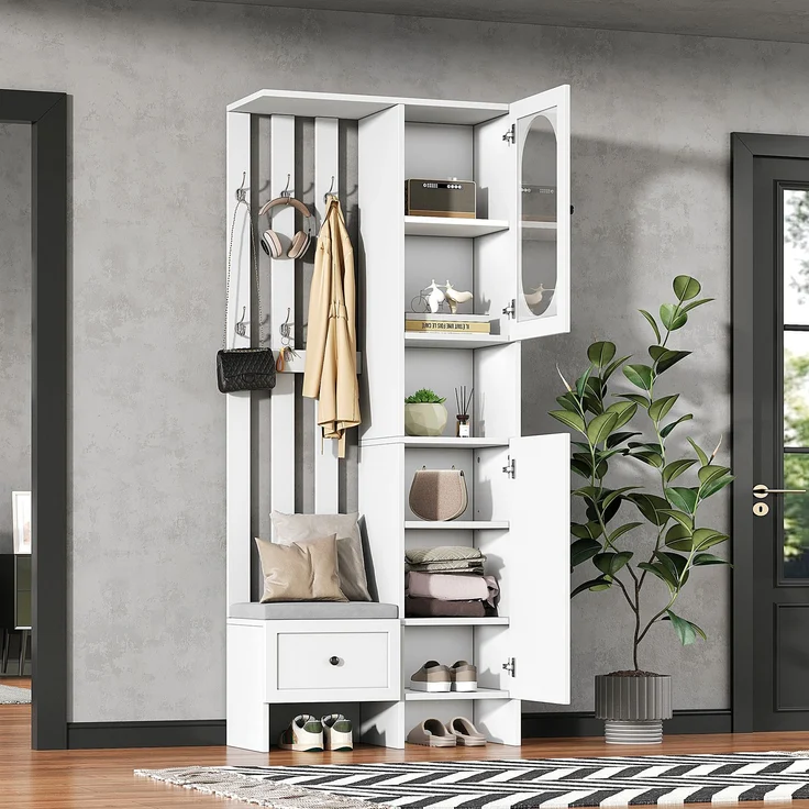 85*33.5*200cm Kompaktgarderoben,Startseite Möbel Mit 2 Schränken,Aufbewahrungsschrank aus gehärtetem Glas, Garderoben-Set Weißer Eingangsschrank, Garderobenständer mit Schuhbank und Polster – Bild 3