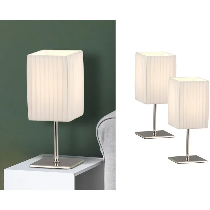 Tischleuchten Silber Chrom mit Plissee Stoffschirm Weiß - 2er Set, Höhe 26cm