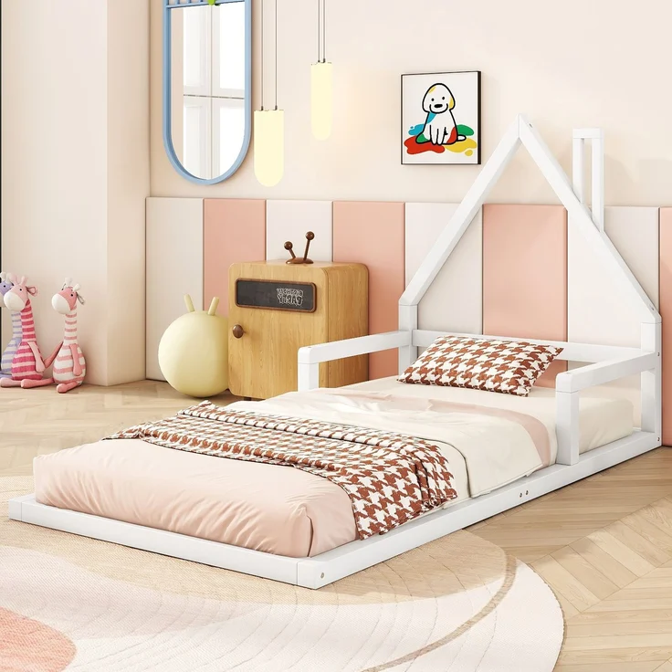 Kinderbett 90x200 cm in Hausform, Weiß,stabiles Flachbett mit 7 Lattenrosten, modernes Hausbett,leicht zu montieren und pflegeleicht – Bild 2