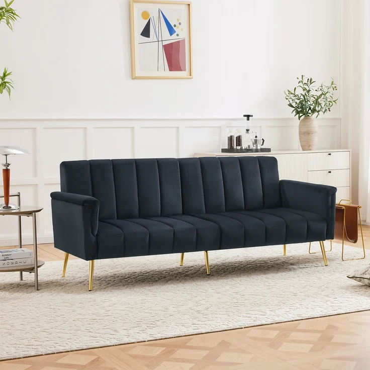 Schlafsofa 183 x 76 x 75 cm, 5-fach verstellbare Rückenlehne & Armlehnen, Samtstoff, multifunktionales Sofa mit Metallfüßen, bequemes Gästebett,Schwarz – Bild 3