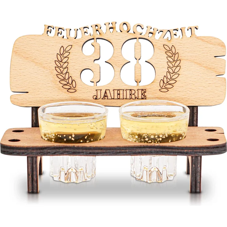 DARO Design - Schnapsbank 38. Hochzeitstag Feuerhochzeit Geschenk Deko für Paare Männer Frauen aus Holz mit Gläsern