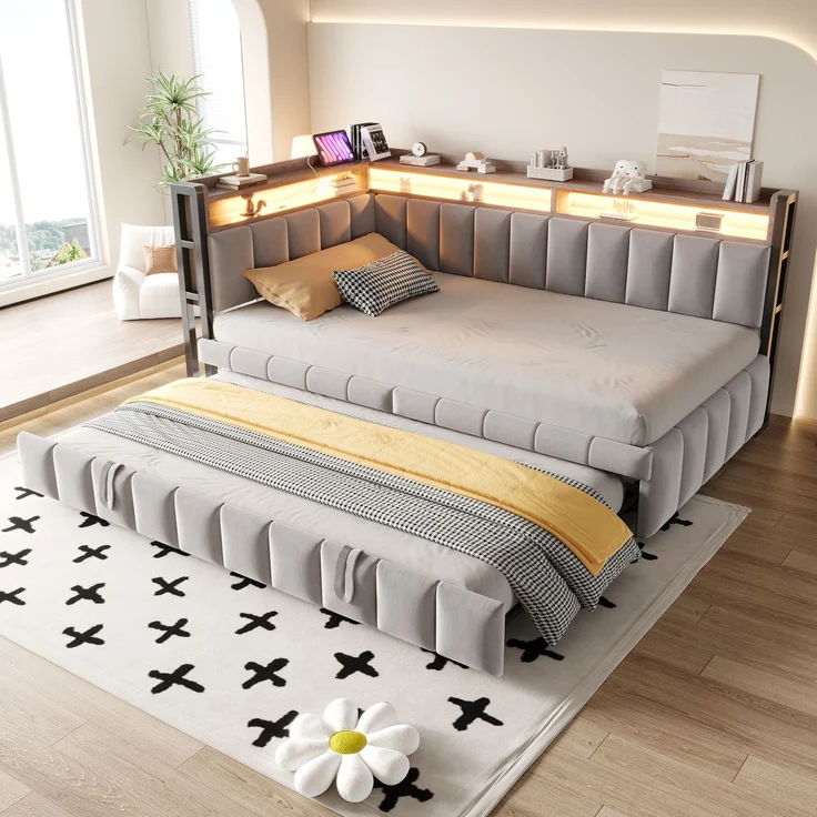 Polsterbett Schlafsofa 90x200 cm mit Ausziehbett, LED-Beleuchtung und Ablagefächern am Kopf- und Fußende, Ausgestattet mit USB- und Typ-C-Anschlüssen. Einzelschlafsofa, Samtstoff Hellgrau – Bild 3