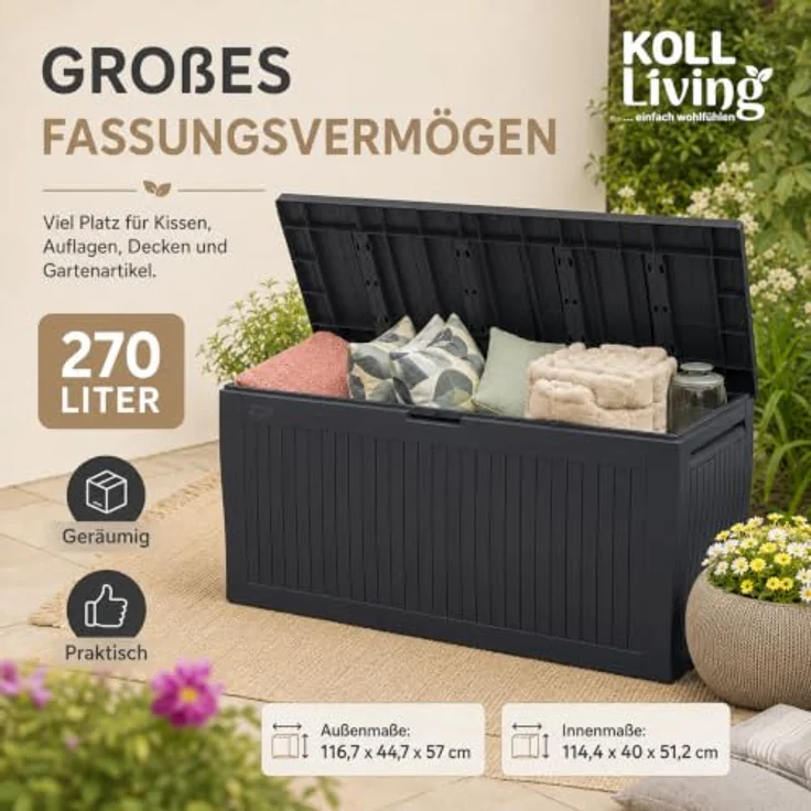 Keter Comfy Aufbewahrungsbox aus Kunstharz, 270 l, Graphit, 116,7 x 44,7 x 57 cm – Bild 2