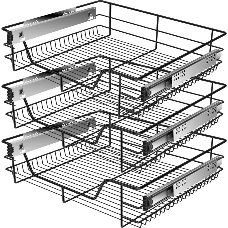 KESSER® Teleskopschublade 30-60cm Schrankbreite verchromt aus Edelstahl Schubladeneinsatz für Küchenschrank Korbauszug Schrankauszug 3x 60cm - Schwarz