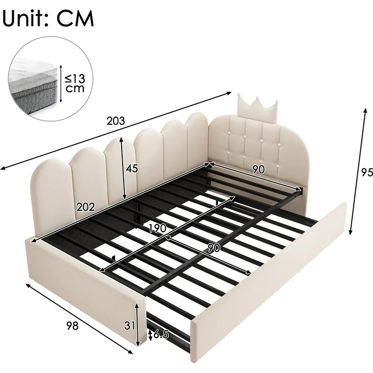 Merax Einzelbett 90x200 cm, Kinderbett, Polsterbett mit 90x190 cm Ausziehbett, Niedliches Kronen- und Gitterdesign, Samt, Beige – Bild 4