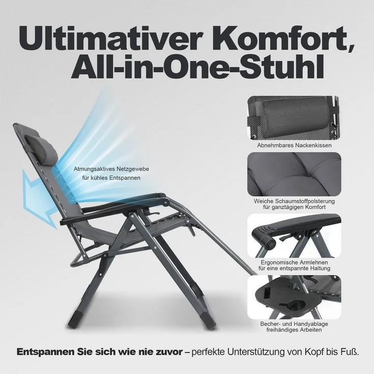 HOMECALL Gartenliege Sonnenliege Klappbar, Liegestuhl mit Weiches Kissen, XXL Extra breiter Zero Gravity Stuhl, 2 St, bis 180 KG, für Garten Terrasse Balkon – Bild 2