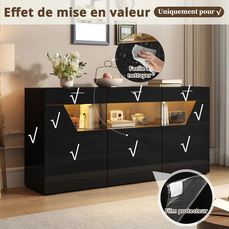 ZUBALIYA Sideboard 160x38x78 cm, mit LED-Beleuchtung, Hochglanz, mit 3 Türen, aus Spanplatte, Schwarz – Bild 16
