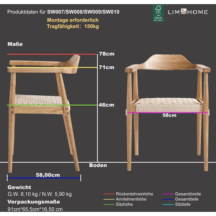 LIM HOME Esszimmerstuhl SW010 (Packung, 2 St), FSC®Eichenholzrahmen mit Sitzfläche aus Papierseil, einfache Montage – Bild 2
