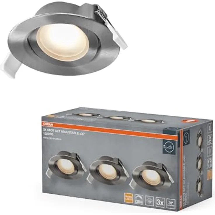 Osram Spot Set LED Einbaustrahler DIM 4,9W 120° Satin-Nickel, 3er Set Deckenspot dimmbar Phasenabschnitt, warmweiß IP20