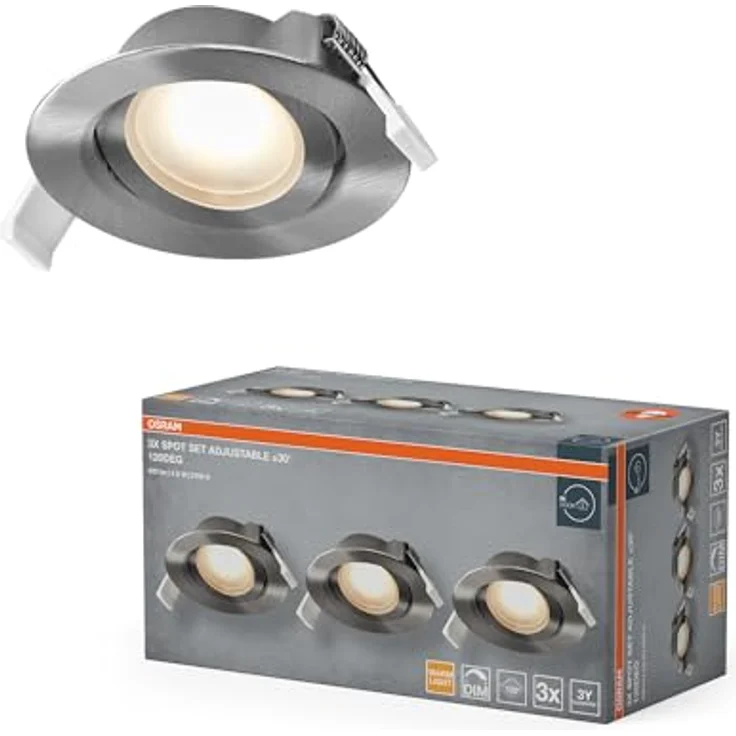 Osram Spot Set LED Einbaustrahler DIM 4,9W 120° Satin-Nickel, 3er Set Deckenspot dimmbar Phasenabschnitt, warmweiß IP20 – Bild 1