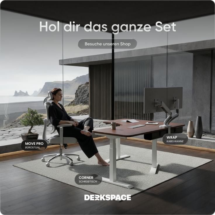DESKSPACE CORNER Schreibtisch, Elektrisch höhenverstellbar, 160 x 130 x 70 cm, Mahagoni Tischplatte, Weißes Gestell – Bild 9