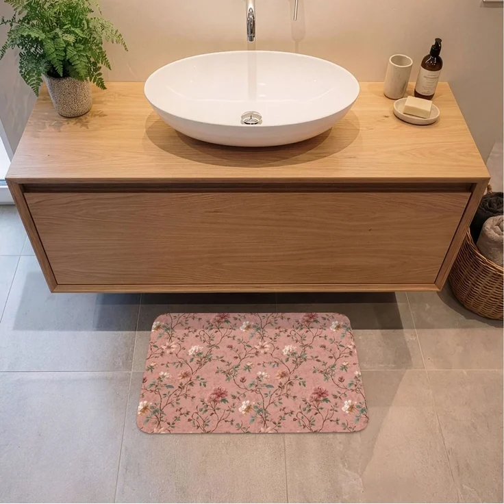 OnlyWow Badematte Botanisch - Blumen - Rosa, Höhe 10 mm, Polyester, Rechteckig, Badezimmerteppich, Badteppich, Rutschfest, Badvorleger, Waschbar – Bild 2