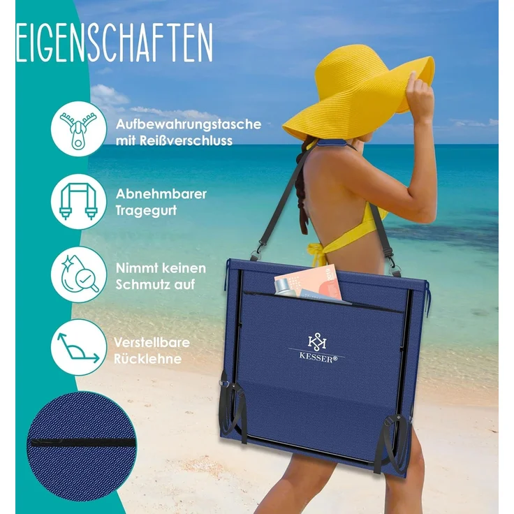 KESSER® 2er Set Strandmatte klappbar mit Verstellbarer Rückenlehne, Tragegurt, wasserdichter Tasche & Aufbewahrung – Faltbare Sonnenliege für Strand, Garten & Terrasse je 130 kg belastbar – Bild 4
