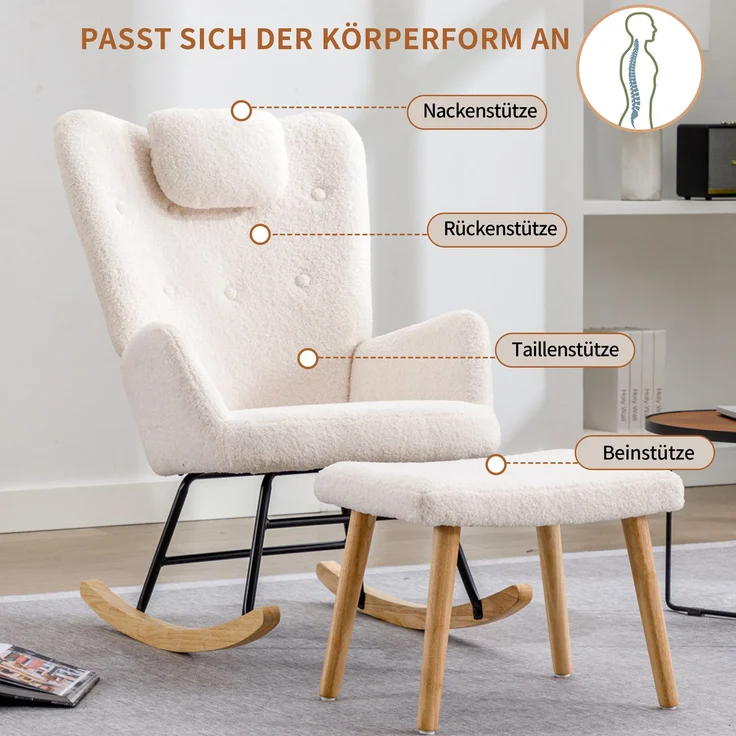 Schaukelstuhl mit Hocker aus Lammfell-Optik, Massivholzrahmen, integrierter Kopfstütze, gemütlicher Relaxstuhl – Bild 8