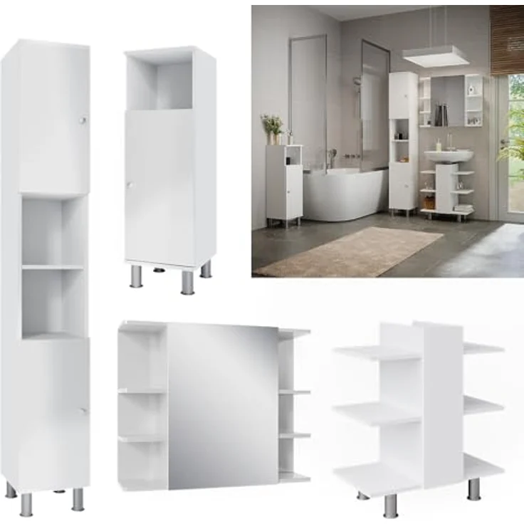 Vicco Fynn Badmöbelset, Weiß, mit Waschbeckenunterschrank, Spiegelschrank, Hochschrank und Midischrank – Bild 2