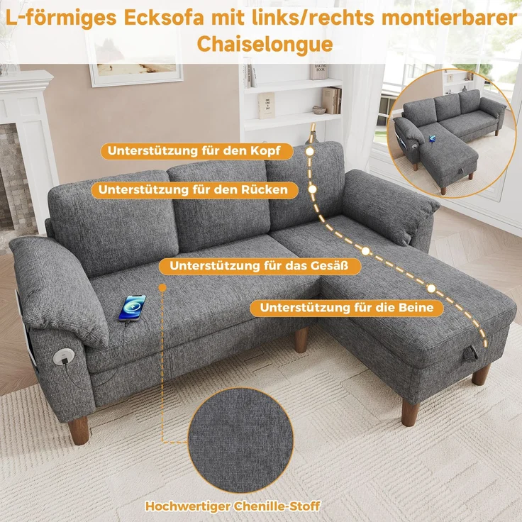 DESVIAE Sofa Ecksofa Hellgrau aus Chenille – 181x88x125 cm – Stauraum, USB-/Type-C-Anschluss – Bild 5