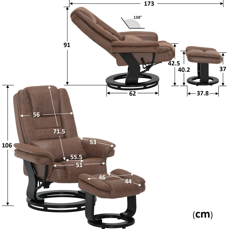 M MCombo Relaxsessel mit Liegefunktion, Lesesessel, 360° Drehbarer Fernsehsessel, mit Hocker, mit Kissen & Seitentasche, 9099 (Braun-Mikrofaser) – Bild 3