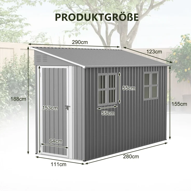 ZUBALIYA 4x10 Fuß (ca. 1, 2x3 m) Outdoor-Schwerlast-Metallschuppen mit Boden-Kit, Anlehn-Design mit links/rechts-Tür & 2 Fenstern, H 188.6 × T 291 × B 110.8 cm, Grau – Bild 6