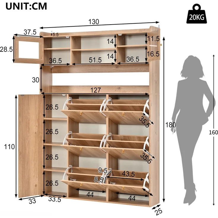 ZUBALIYA Schuhschrank (130 x 25 x 180 cm), 6 Klappfächer, LED - Beleuchtung, Stauraum für Flur und Eingangsbereich, Naturfarben – Bild 2