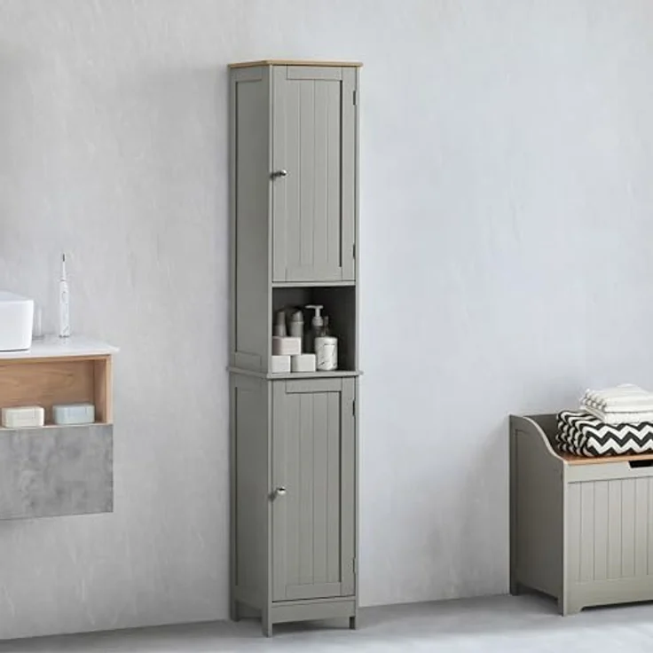 Bath Vida Priano Badezimmer Schrank Aufbewahrung Wandschrank Badschrank Freistehend Holzen Hochschrank, Grau, Regale – Bild 2