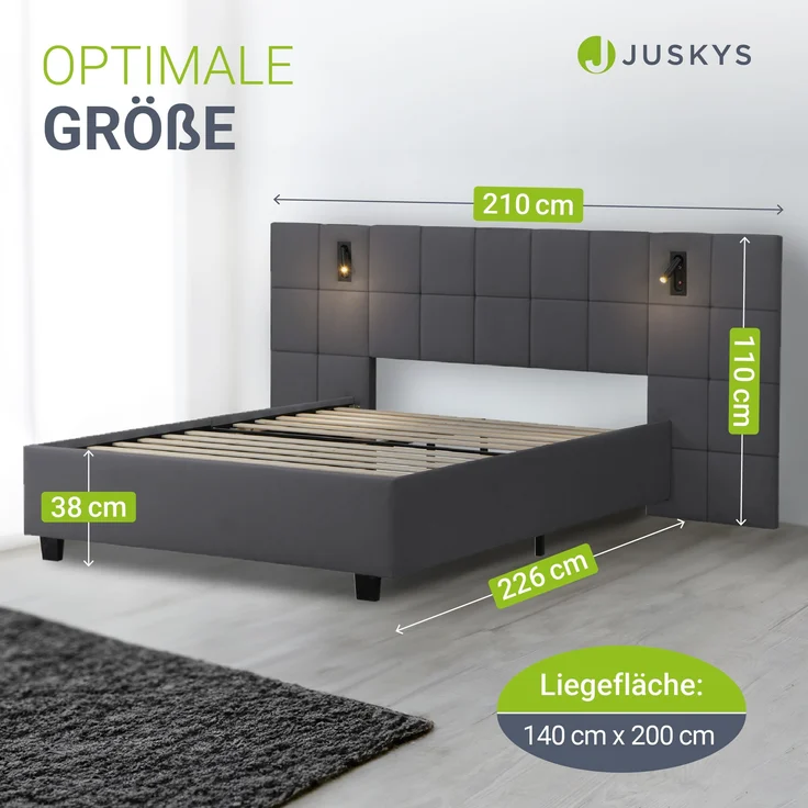 Juskys Polsterbett 140x200 cm Luzano - Bett mit LED, Lattenrost & Kopfteil - Modernes Bettgestell aus Holz & Samt - Doppelbett, Samtbett - Dunkelgrau – Bild 2