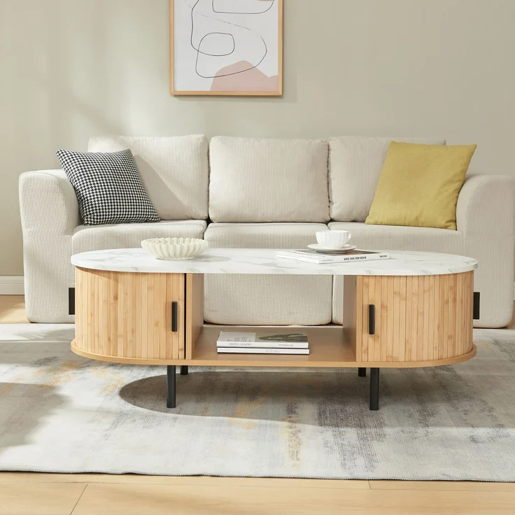 Couchtisch Tvedestrand 120x55x40 cm Bambus Marmorweiß/Natur [en. casa] – Bild 3