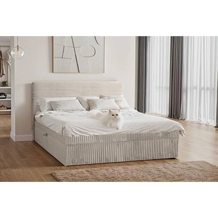 Kaiser Möbel Boxspringbett TRENTO, 160x200 cm, Ecru, mit Bettkasten und Topper, ohne Bein aus Plüsch Cord, H3