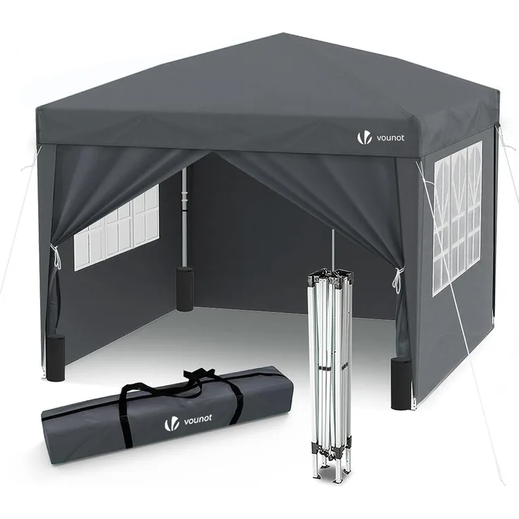 VOUNOT Pavillon 3x3 m mit 4 Seitenteilen & 4 Sandsäcke, Pop Up Faltpavillon, Faltbar Gartenzelt Partyzelt, inkl. Tasche, Grau