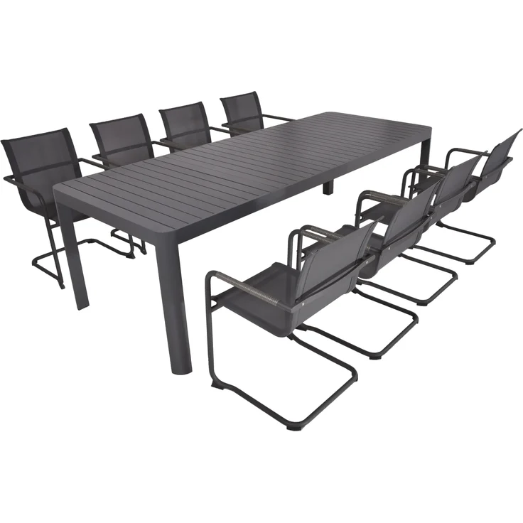 Garten-Sitzgruppe BJARNE 9-tlg. - Kunststoff, Grau | Gartenmöbel-Set Gartengarnitur Garten-Essgruppe mit Freischwingerstühlen und Esstisch ausziehbar – Bild 1