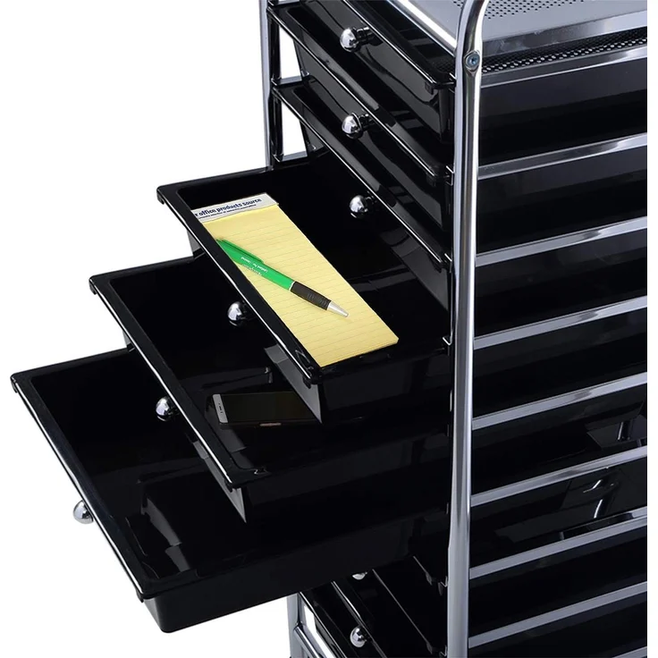 COSTWAY Rollwagen mit Schubladen Rollcontainer Badrollwagen Badtrolley Badregal Beistellwagen mit 10 stapelbaren Schubladen Metallgestell Schwarz – Bild 3