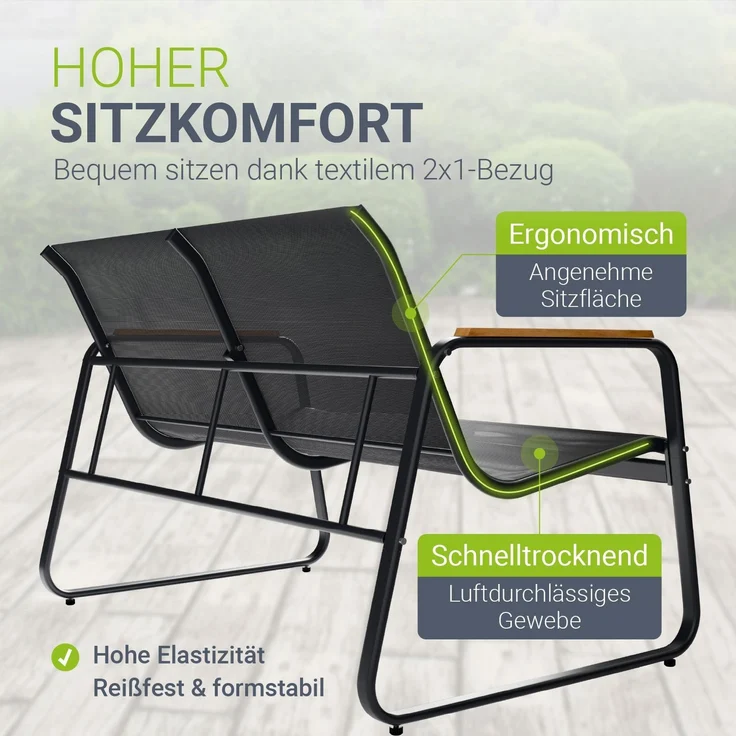 Juskys Gartenmöbelset Genua 4-tlg. – Anthrazit, Outdoor Sitzgruppe mit Armlehnen, Tisch & Bank, wetterfestes Textil, LongLife Stahlgestell – Bild 2