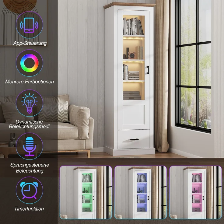 (=N625P230694696W)Moderne LED Vitrine Weiß Matt 178cm mit USB-Anschluss, Standvitrine mit Holzdekor, Gehärtetes Glas Hochschrank mit Schublade, Vitrinenschrank, 5 Fächer Display Schrank--Weiß--50x35x178cm--YOUDENOVA – Bild 7