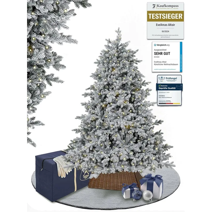 EveXmas Altair Flock Künstlicher Weihnachtsbaum Grün-Weiß 185 cm mit 360 LEDs – beschneite Optik, 100% PE Spritzguss, inkl. Metallständer