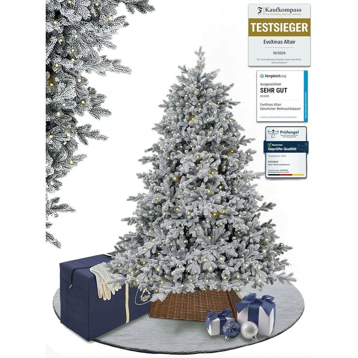 EveXmas Altair Flock Künstlicher Weihnachtsbaum Grün-Weiß 185 cm mit 360 LEDs – beschneite Optik, 100% PE Spritzguss, inkl. Metallständer – Bild 1