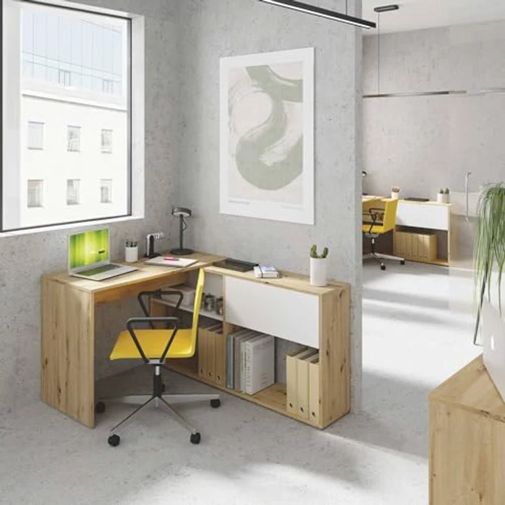 Dmora - Riverside-Schreibtisch, multifunktionaler umkehrbarer Eckschreibtisch mit Bücherregal, Arbeits- oder Bürotisch mit mehreren Positionen, 108 x 70 x 140 cm, weiße und geknotete Eiche – Bild 5