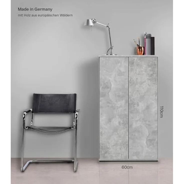 mokebo® Mehrzweckschrank 60 cm Breite mit Einlegeböden 'Der Schlanke', schmaler Schrank in Grau aus Holz, grifflose Öffnung, funktionaler Aktenschrank | Betonoptik – Bild 4